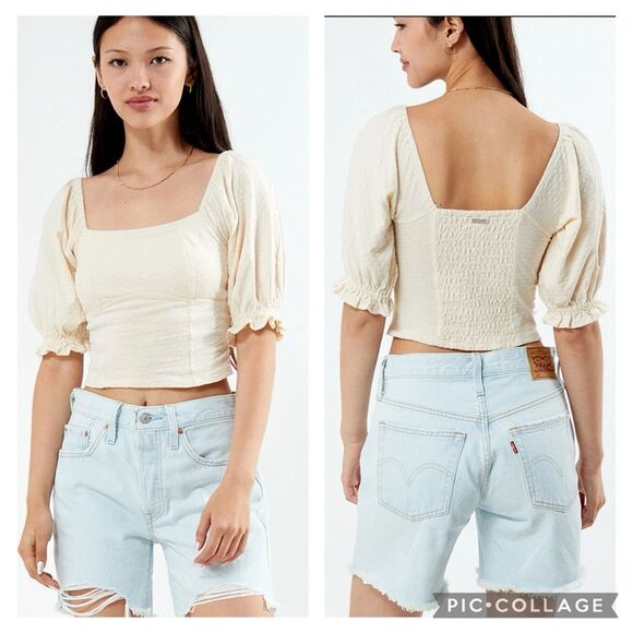 Billabong Tops - Billabong Flora Smocked Back Boho Crop Short Puff Sleeve Top Cotton Ivory M